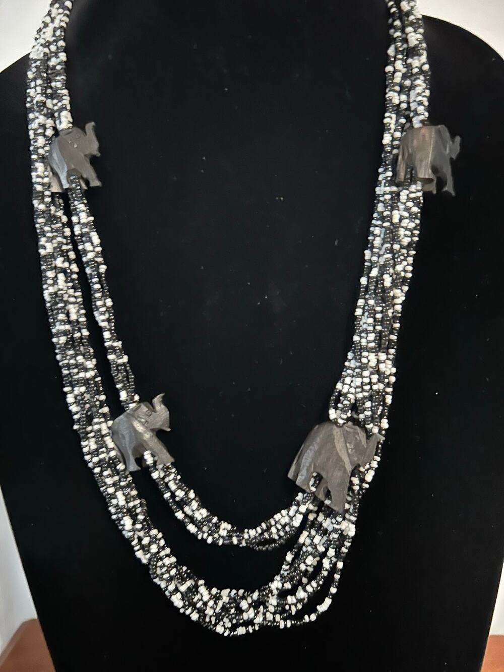 Hand Carved Wood Elephant Seed Bead Multi Strand Necklace Black White 28"
